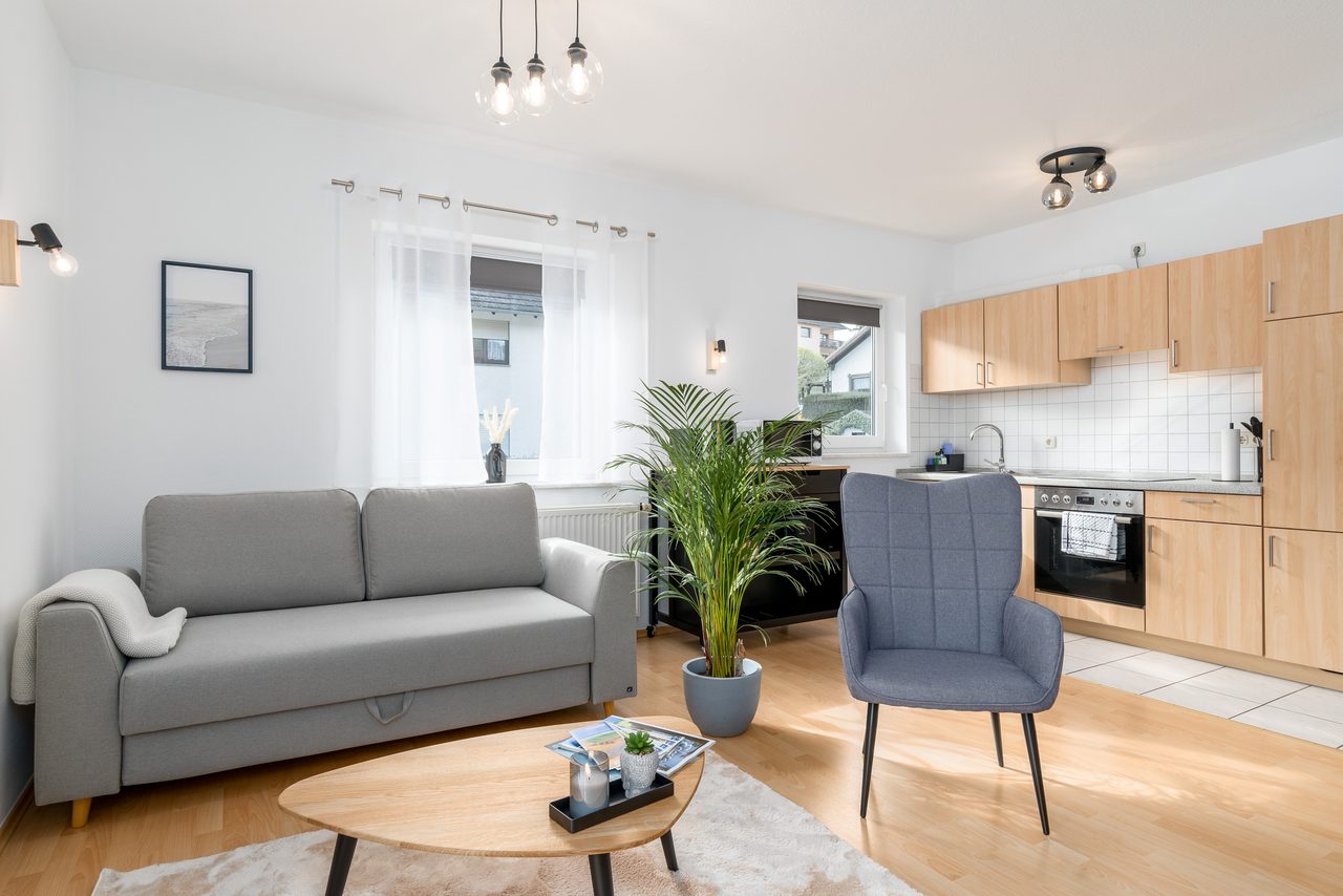 Ferienwohnung Edersee, offener Wohn- und Küchenbereich mit Sofa und Sessel